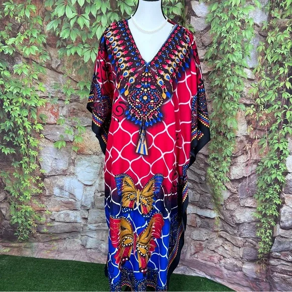 TRUE ROCK Red and Blue Maxi Length Caftan, One Size - Picture 2 of 13